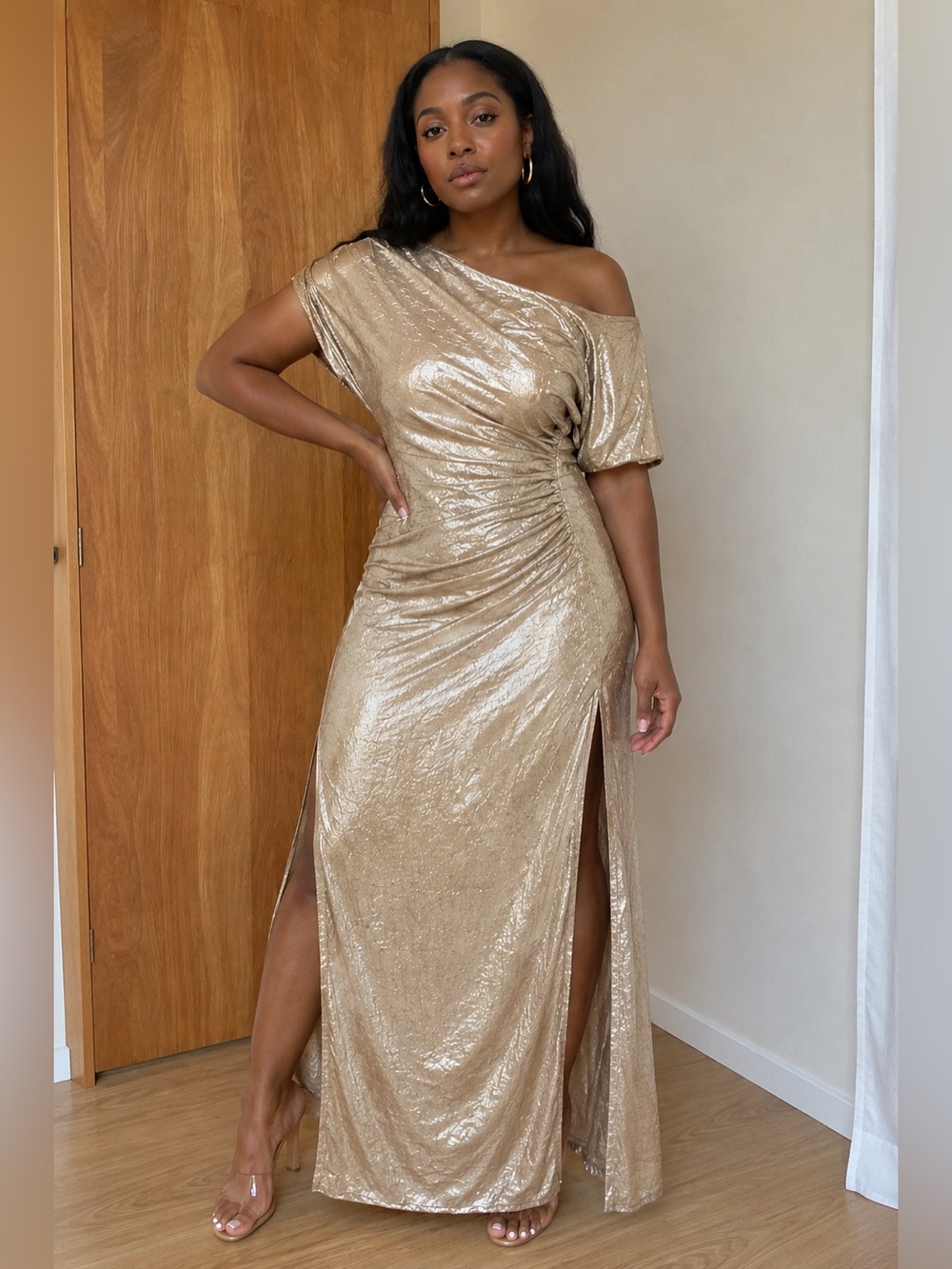 Gold One-Shoulder Ruched Evening Gown size L BNWOT